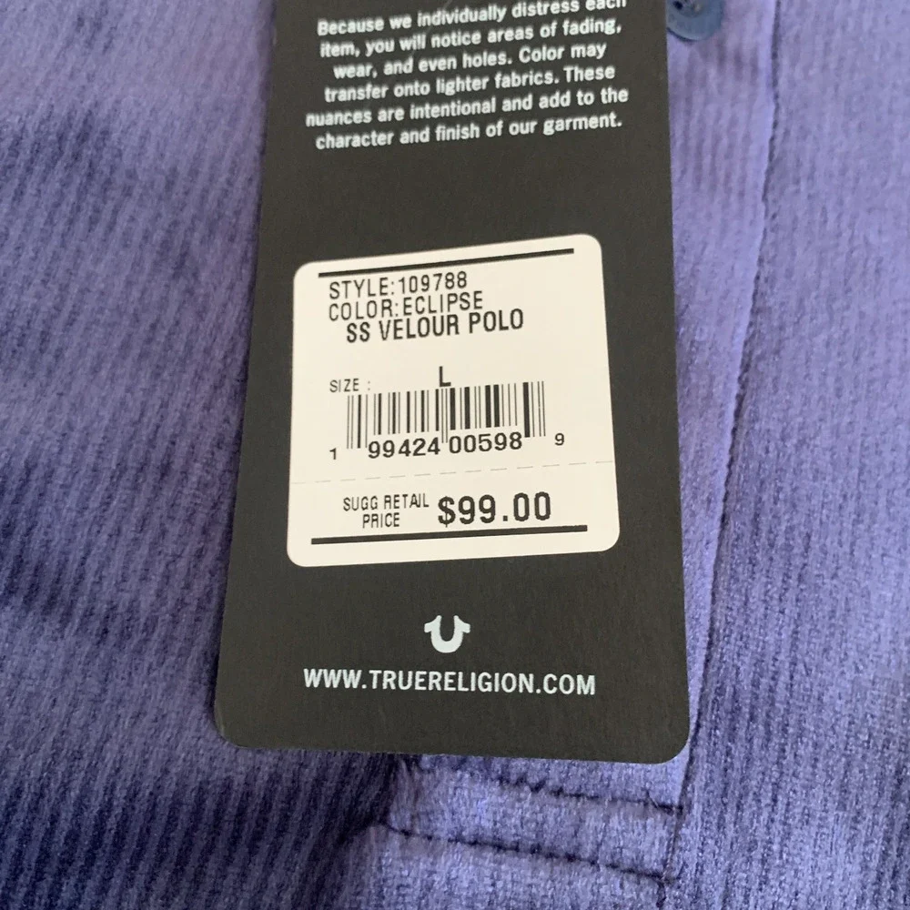 True Religion Men's Size L Short Sleeve Velour Polo Shirt Style 109788 Brand New